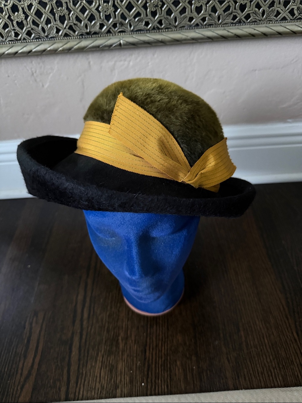 Schiaparelli Olive Green and Black Felt Hat with Yellow Bow Vintage.